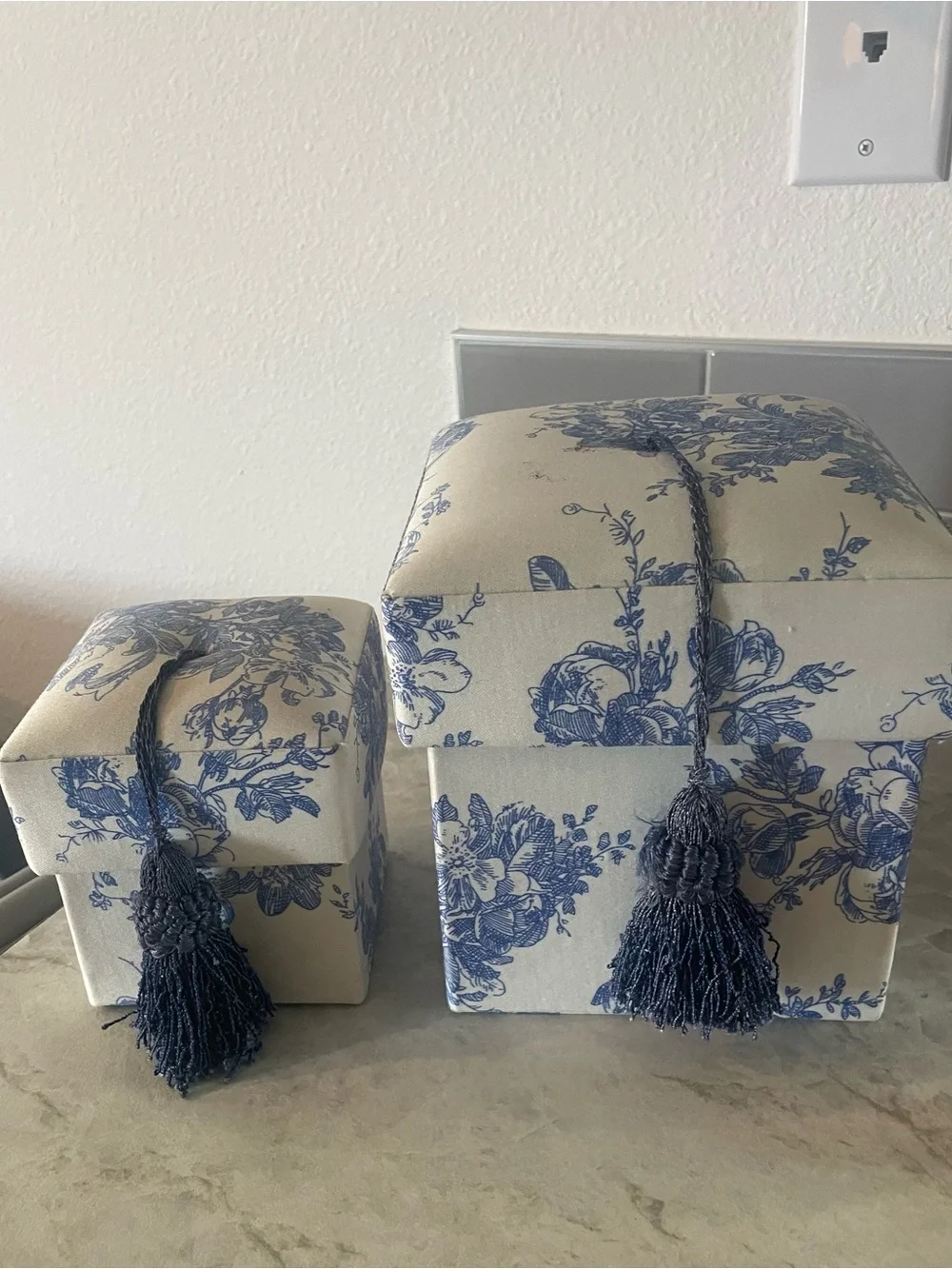 Blue Floral Decorative Storage Boxes with Tassels - Home Accents